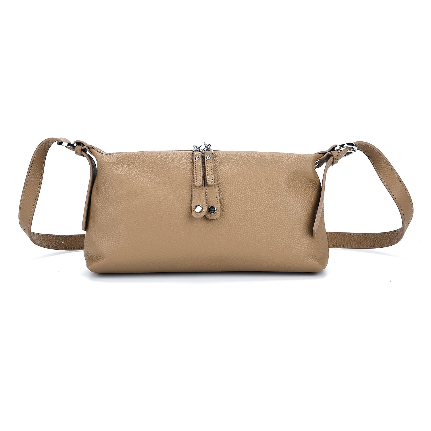 Genuine Leather Multi-Pocket Crossbody Bag with Adjustable Strap - Khaki