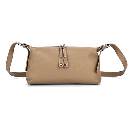 Genuine Leather Multi-Pocket Crossbody Bag with Adjustable Strap - Khaki