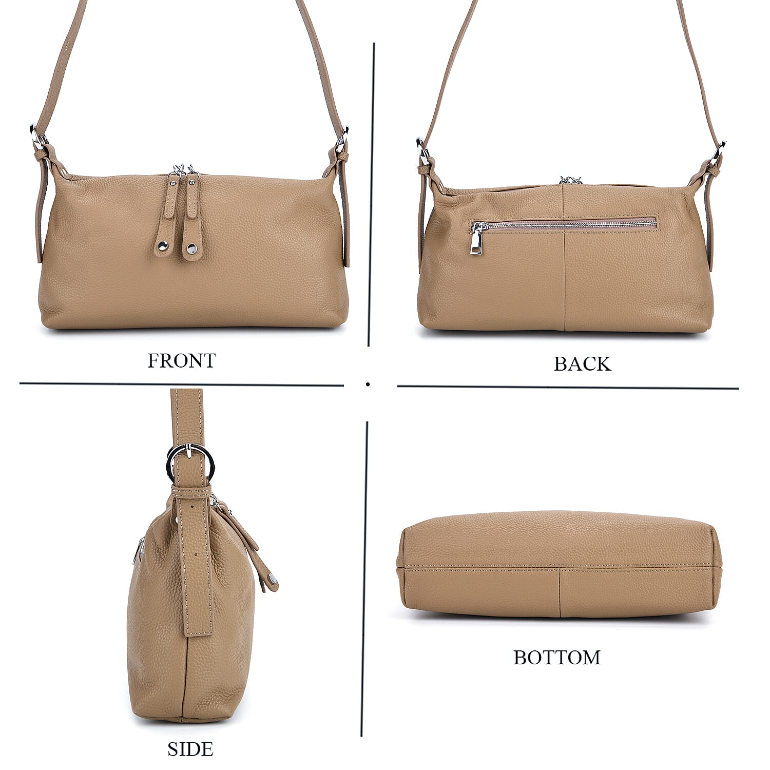 Genuine Leather Multi-Pocket Crossbody Bag with Adjustable Strap - Khaki