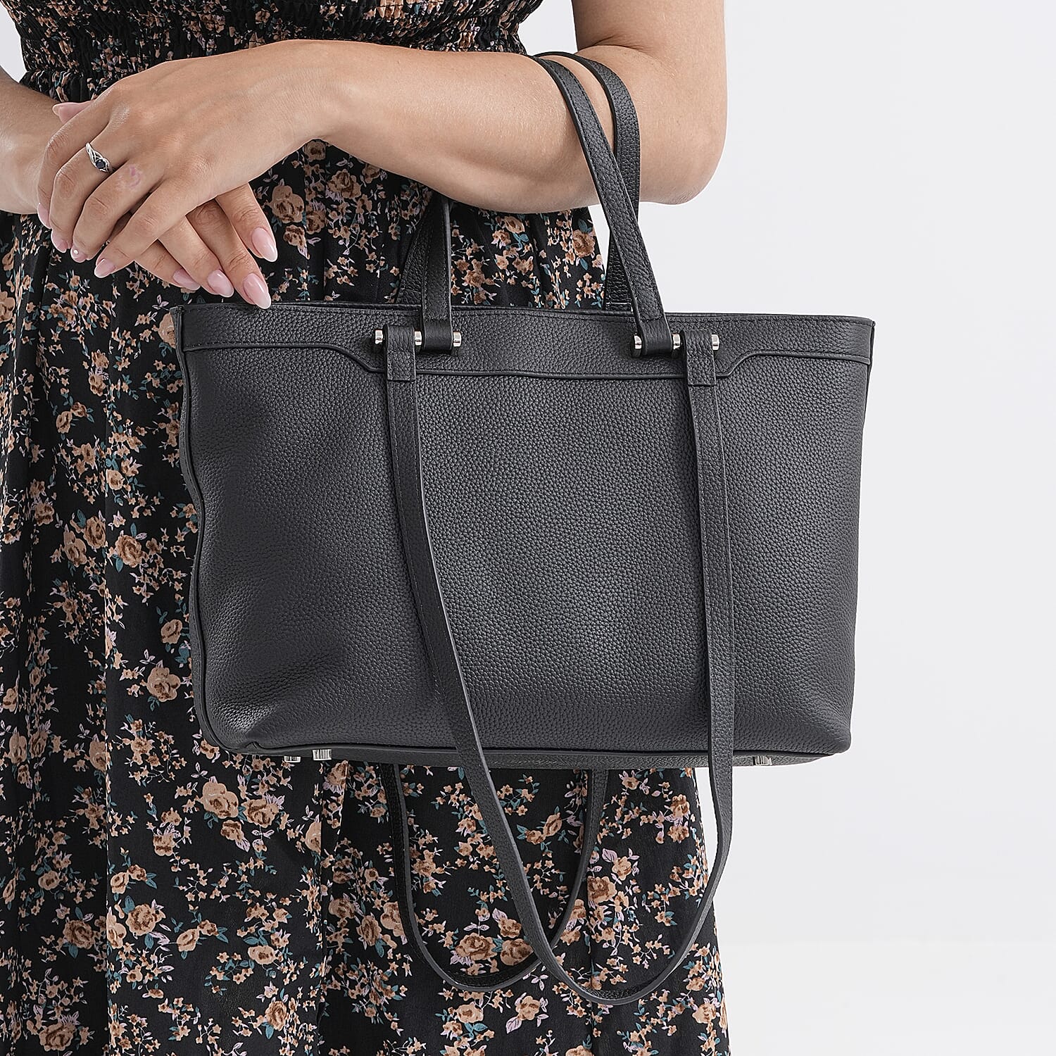 Milan Closeout- 100% Full Grain Genuine Leather Tote Bag with  Adjustable Straps - Black