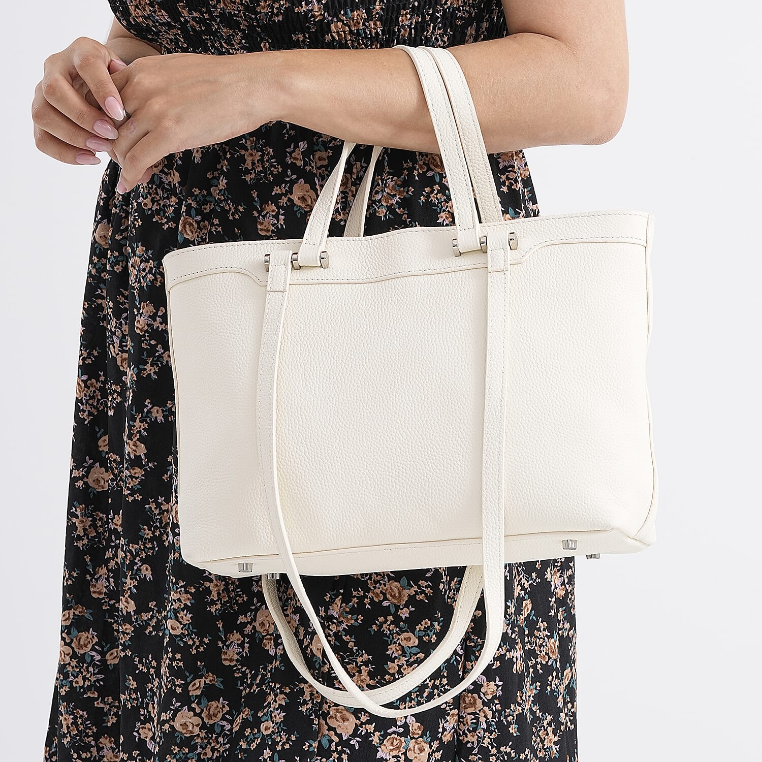 Milan Closeout- 100% Full Grain  Genuine Leather Tote Bag with  Adjustable Straps - Cream