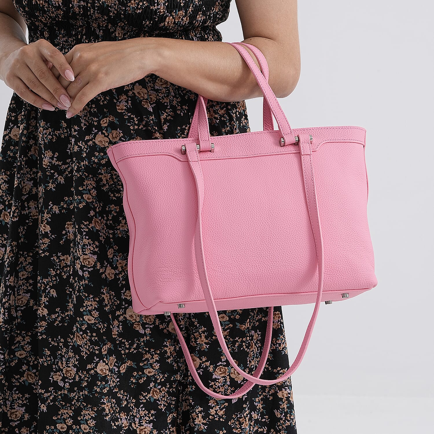 Milan Closeout- 100% Full Grain  Genuine Leather Tote Bag with  Adjustable Straps - Pink