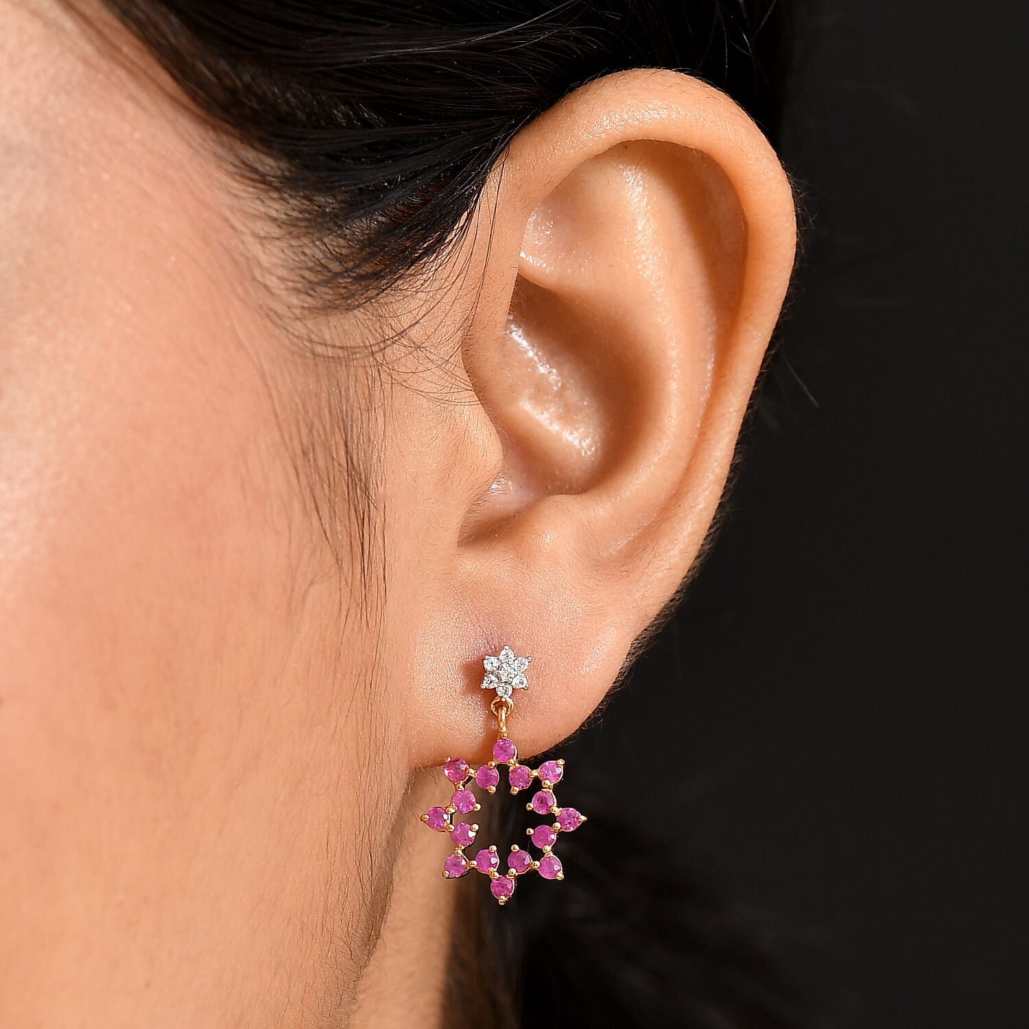 Pink Sapphire, White Zircon Dangling Earring in 18K YG VermeilSterling Silver  1.402  Ct.