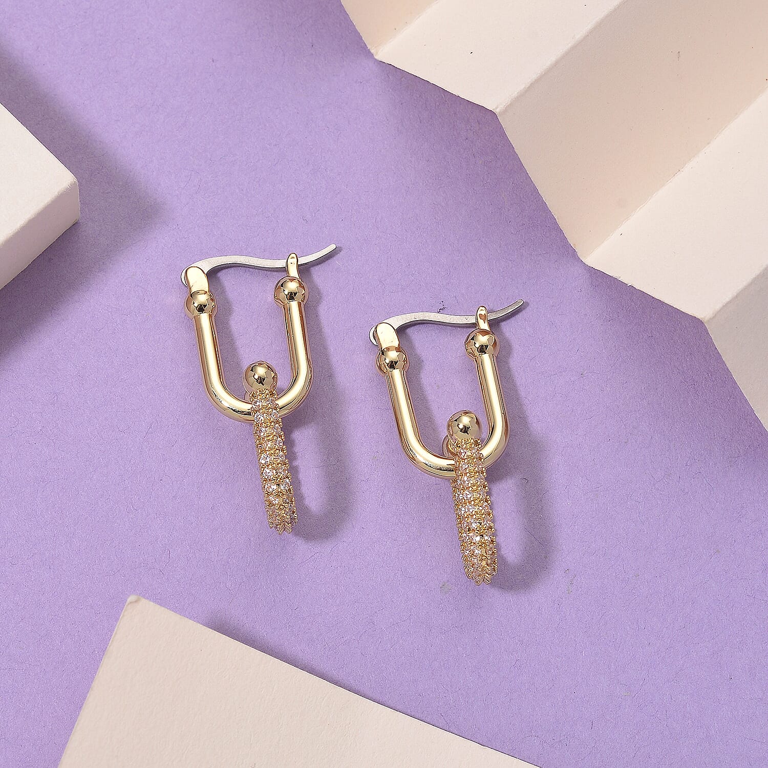 Designer Inspired - White Cubic Zirconia Industrial Earrings with Clasp