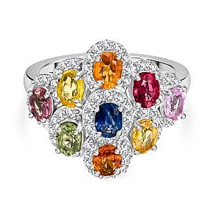 Multi Sapphire, White Zircon Cluster Ring in Rhodium OverlaySterling Silver  2.890  Ct.