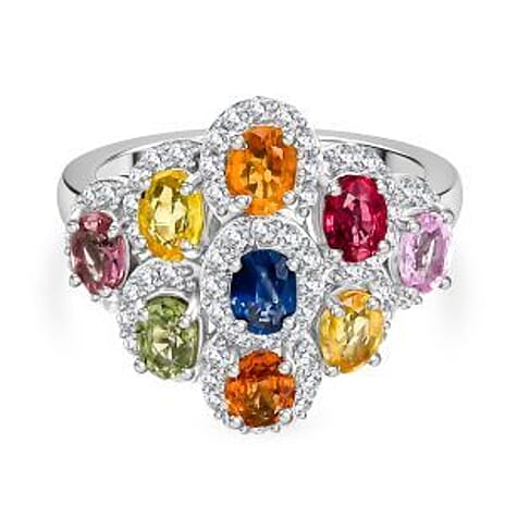 Multi Sapphire, White Zircon Cluster Ring in Rhodium OverlaySterling Silver  2.890  Ct.