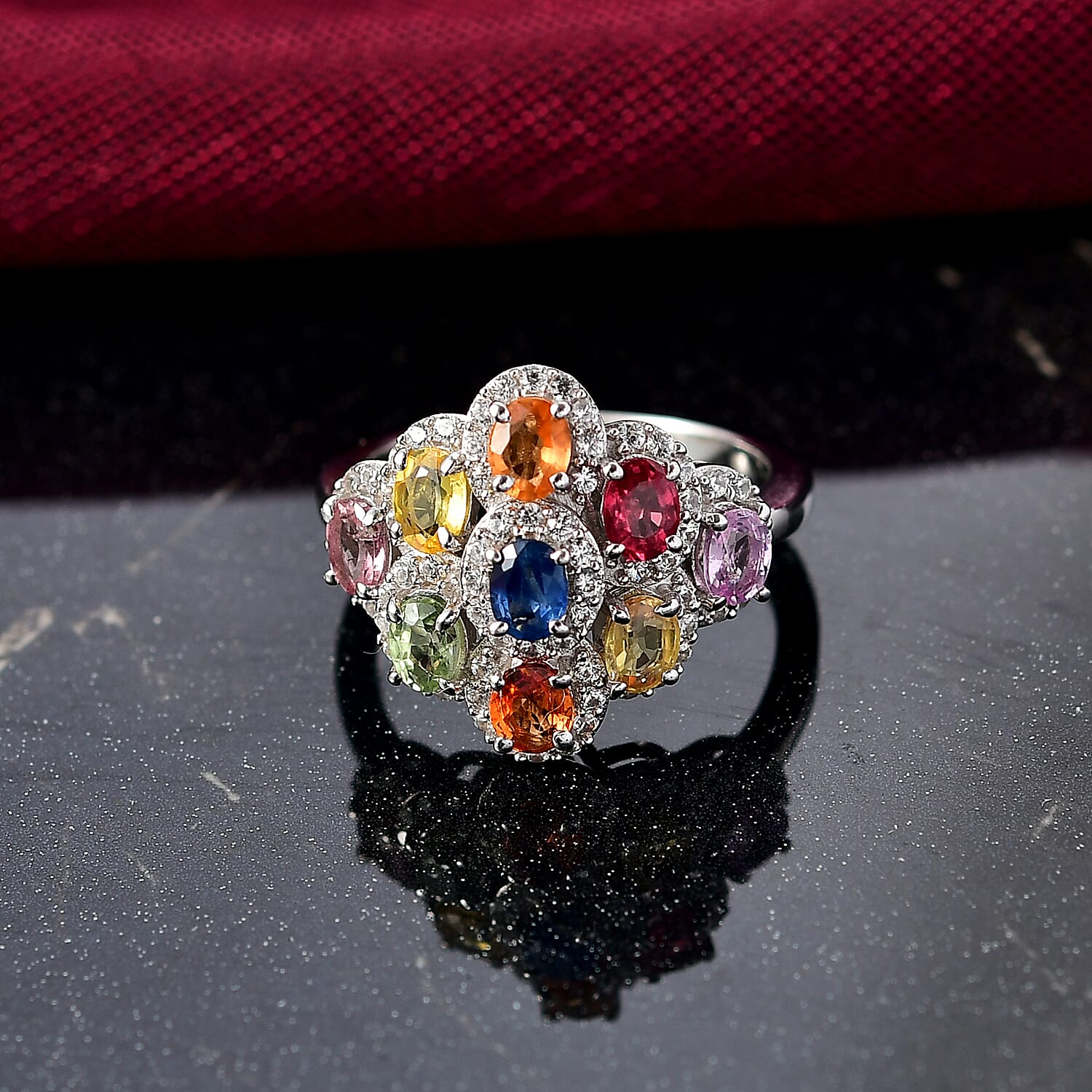 Multi Sapphire, White Zircon Cluster Ring in Rhodium OverlaySterling Silver  2.890  Ct.
