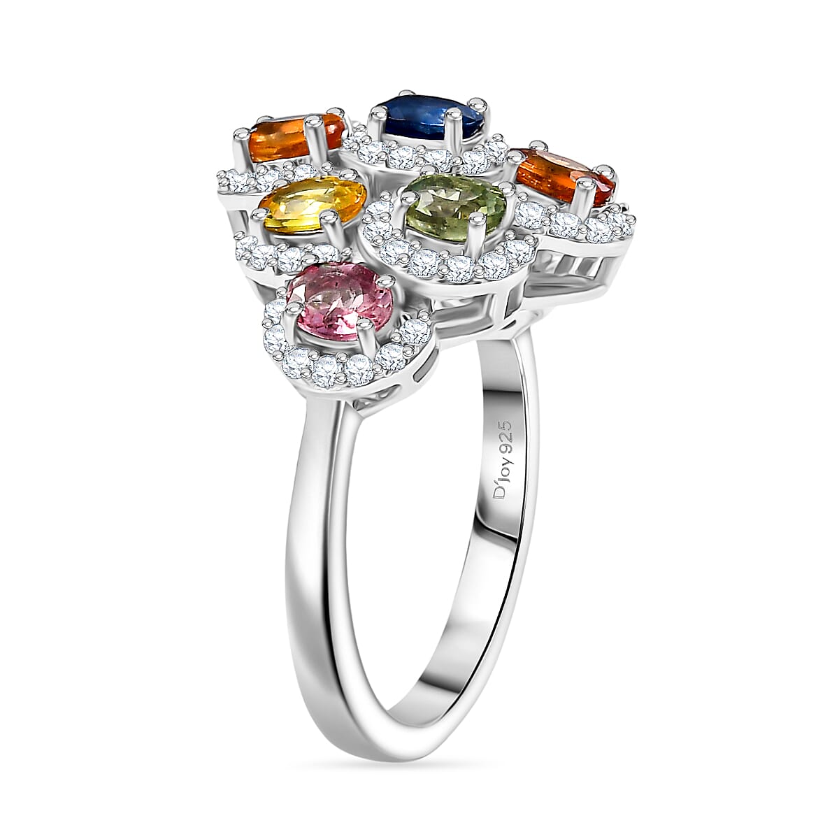 Multi Sapphire, White Zircon Cluster Ring in Rhodium OverlaySterling Silver  2.890  Ct.