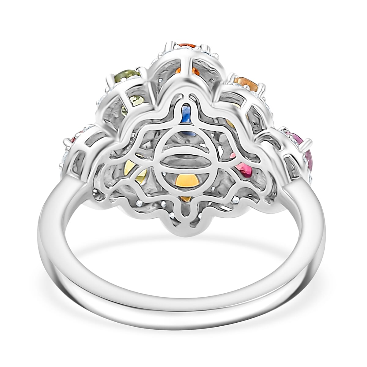 Multi Sapphire, White Zircon Cluster Ring in Rhodium OverlaySterling Silver  2.890  Ct.