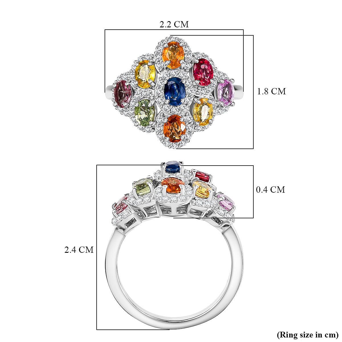 Multi Sapphire, White Zircon Cluster Ring in Rhodium OverlaySterling Silver  2.890  Ct.