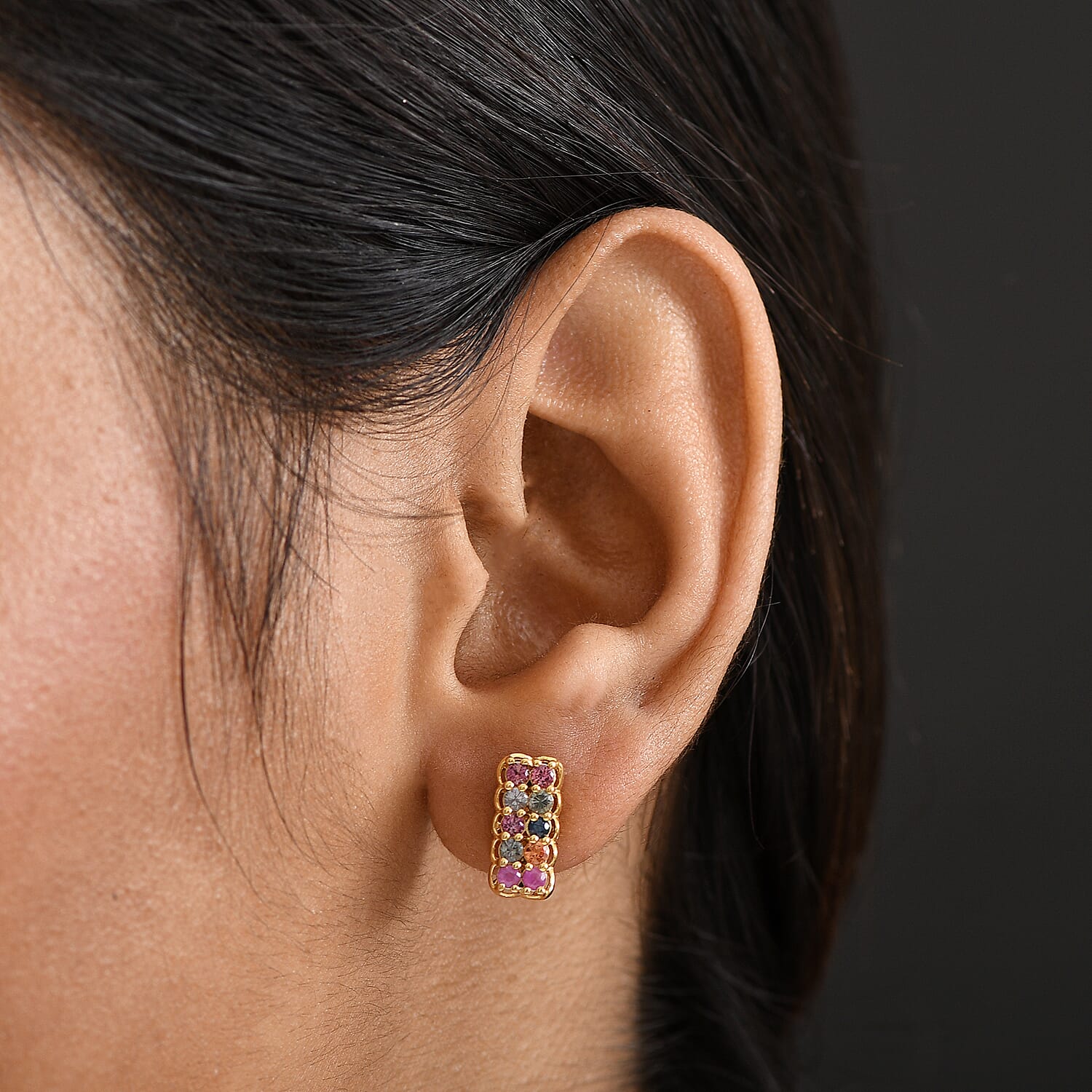 Multi Sapphire Fancy Earring in 18K YG VermeilSterling Silver  0.920  Ct.