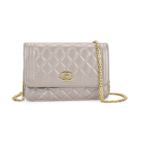 Genuine Leather Couture Quilted Diamond Pattern Shoulder Bag with Panther Link Strap - Silver