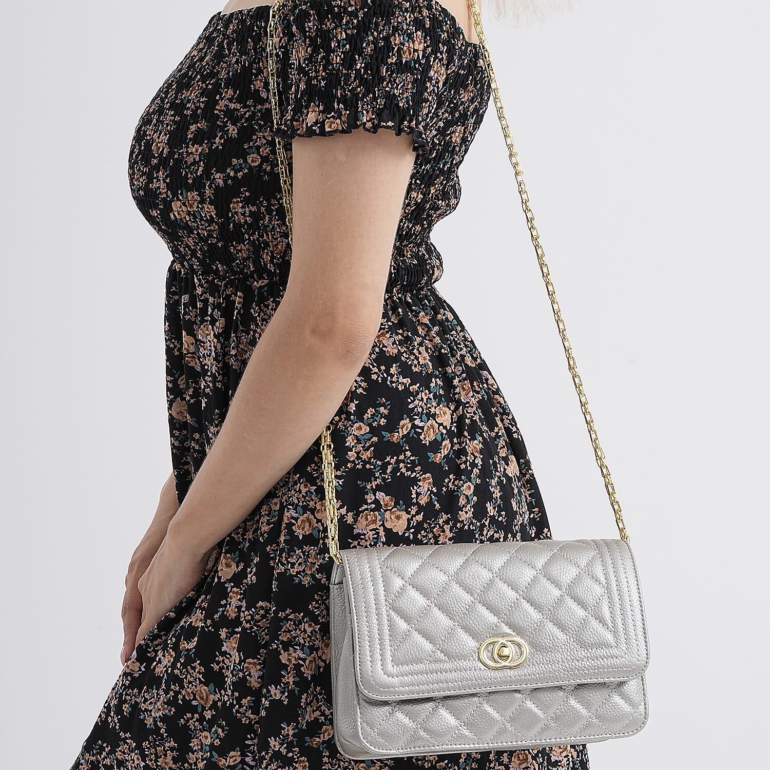 Genuine Leather Couture Quilted Diamond Pattern Shoulder Bag with Panther Link Strap - Silver