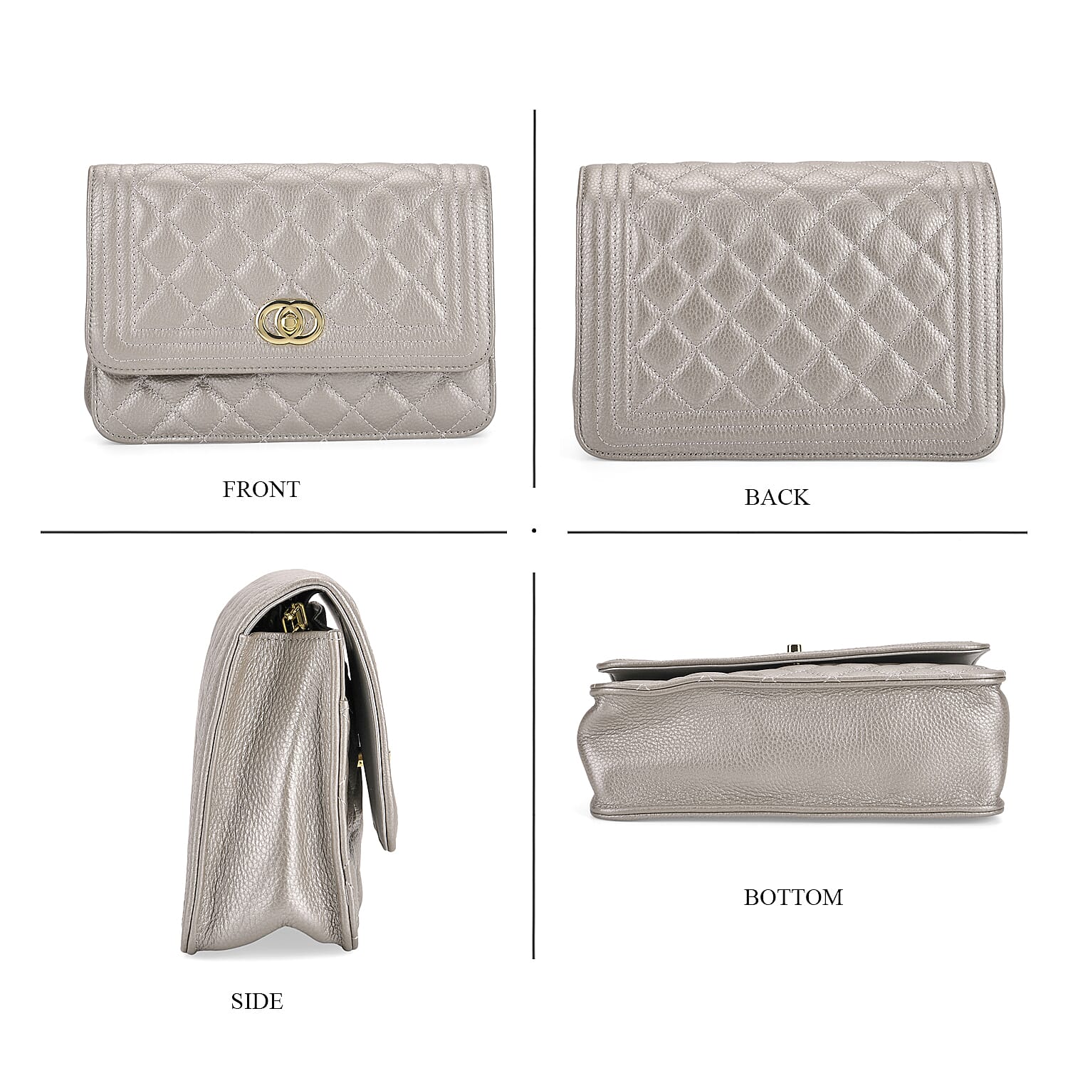 Genuine Leather Couture Quilted Diamond Pattern Shoulder Bag with Panther Link Strap - Silver