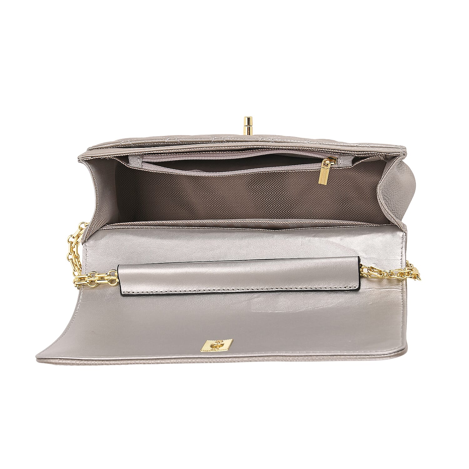 Genuine Leather Couture Quilted Diamond Pattern Shoulder Bag with Panther Link Strap - Silver