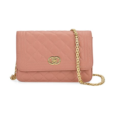 Genuine Leather Quilted Diamond Pattern Shoulder Bag with Link Chain