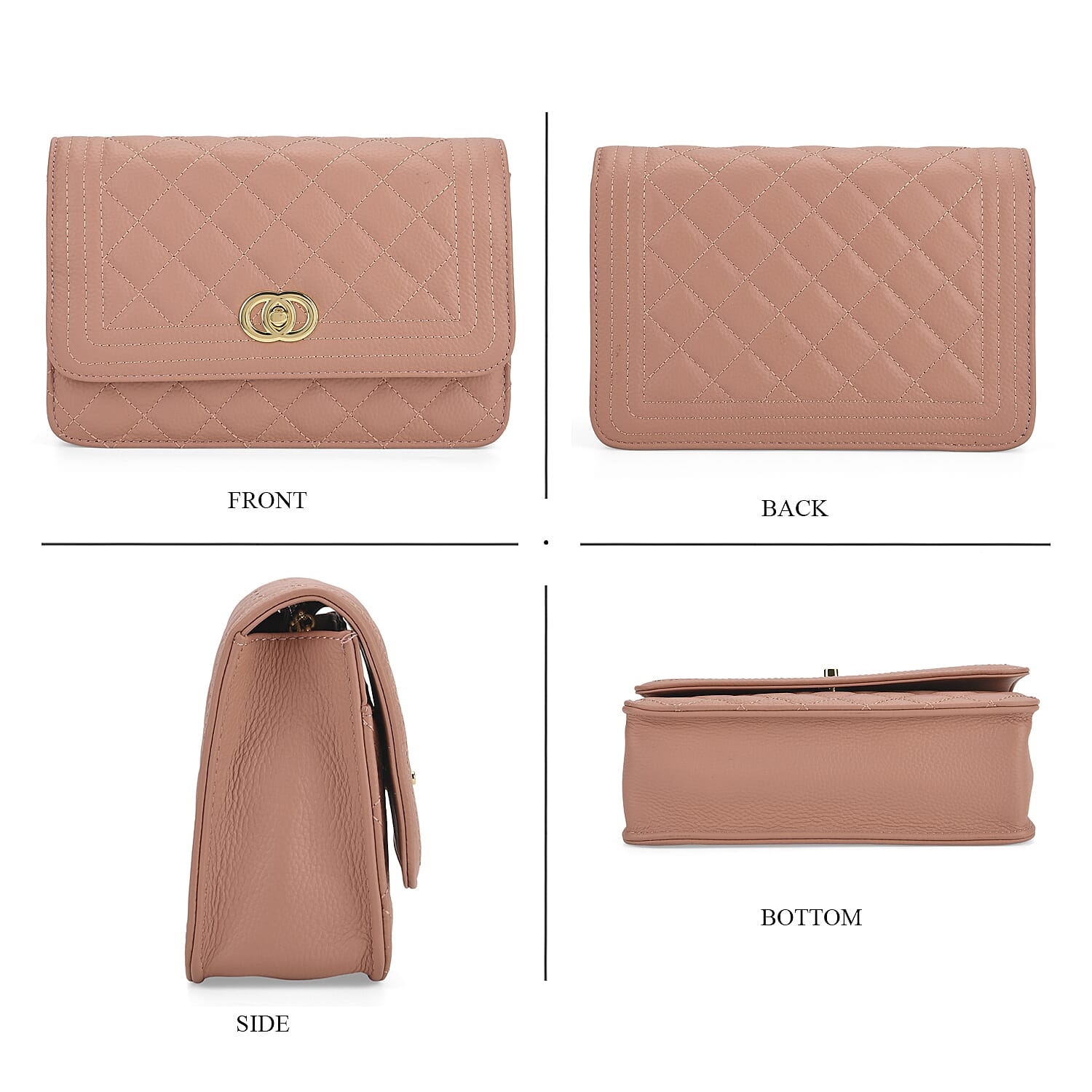 Genuine Leather Couture Quilted Diamond Pattern Shoulder Bag with Panther Link Strap - Pink