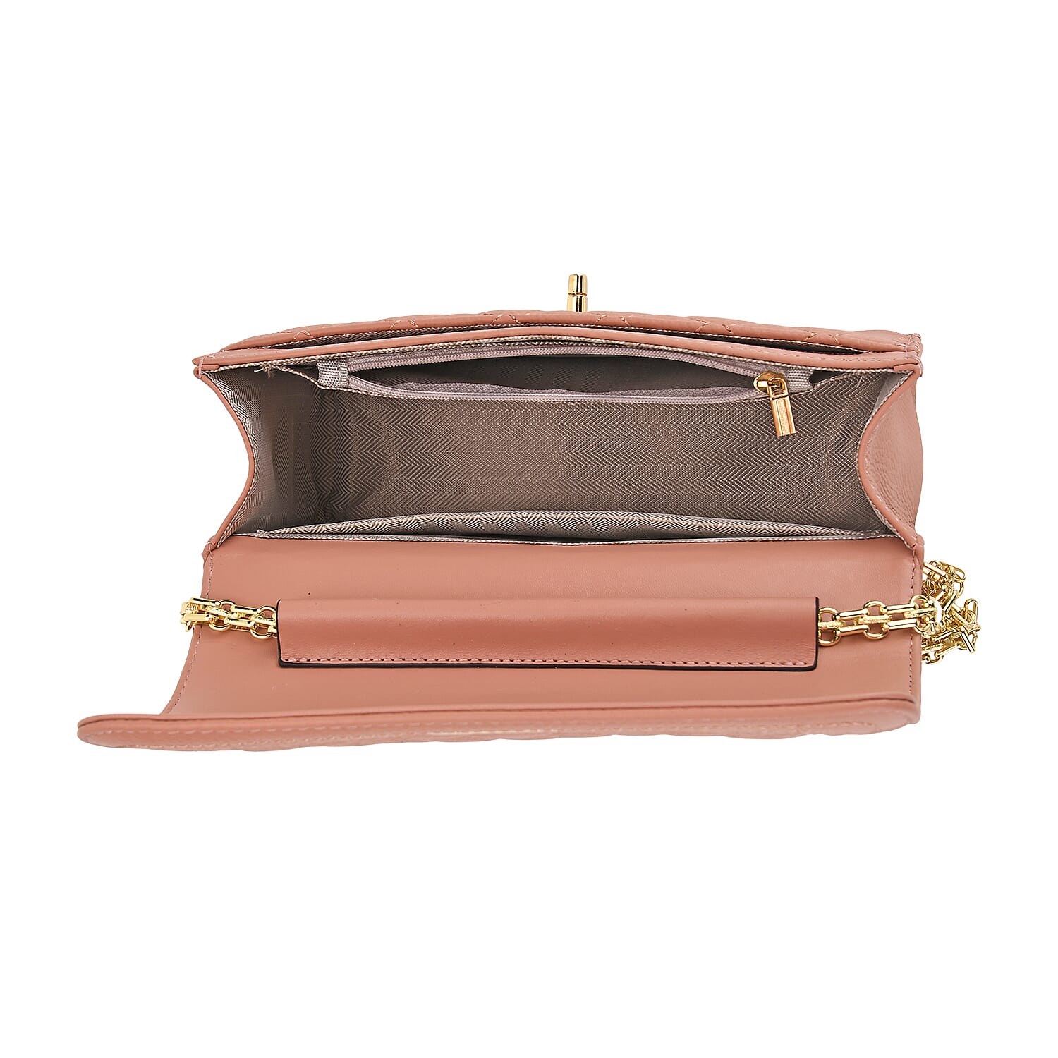 Genuine Leather Couture Quilted Diamond Pattern Shoulder Bag with Panther Link Strap - Pink