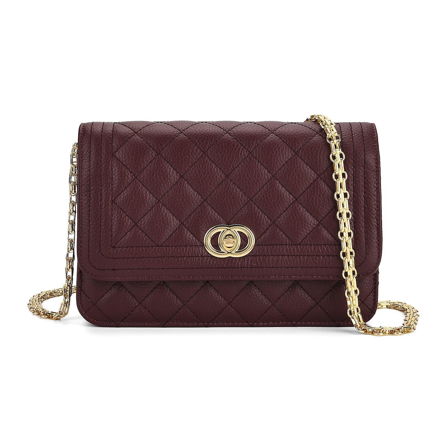 Genuine Leather Couture Quilted Diamond Pattern Shoulder Bag with Panther Link Strap - Dark Maroon