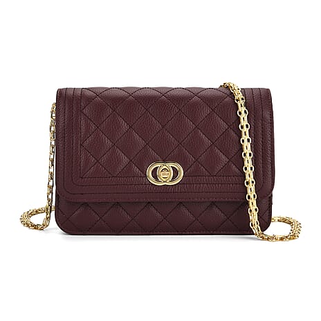 Genuine Leather Couture Quilted Diamond Pattern Shoulder Bag with Panther Link Strap - Dark Maroon