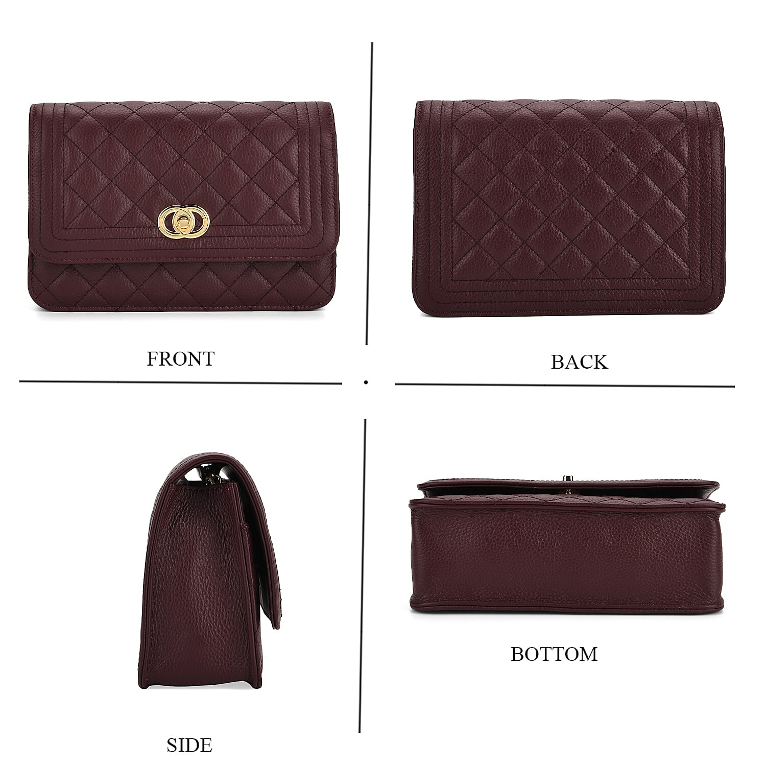 Genuine Leather Couture Quilted Diamond Pattern Shoulder Bag with Panther Link Strap - Dark Maroon