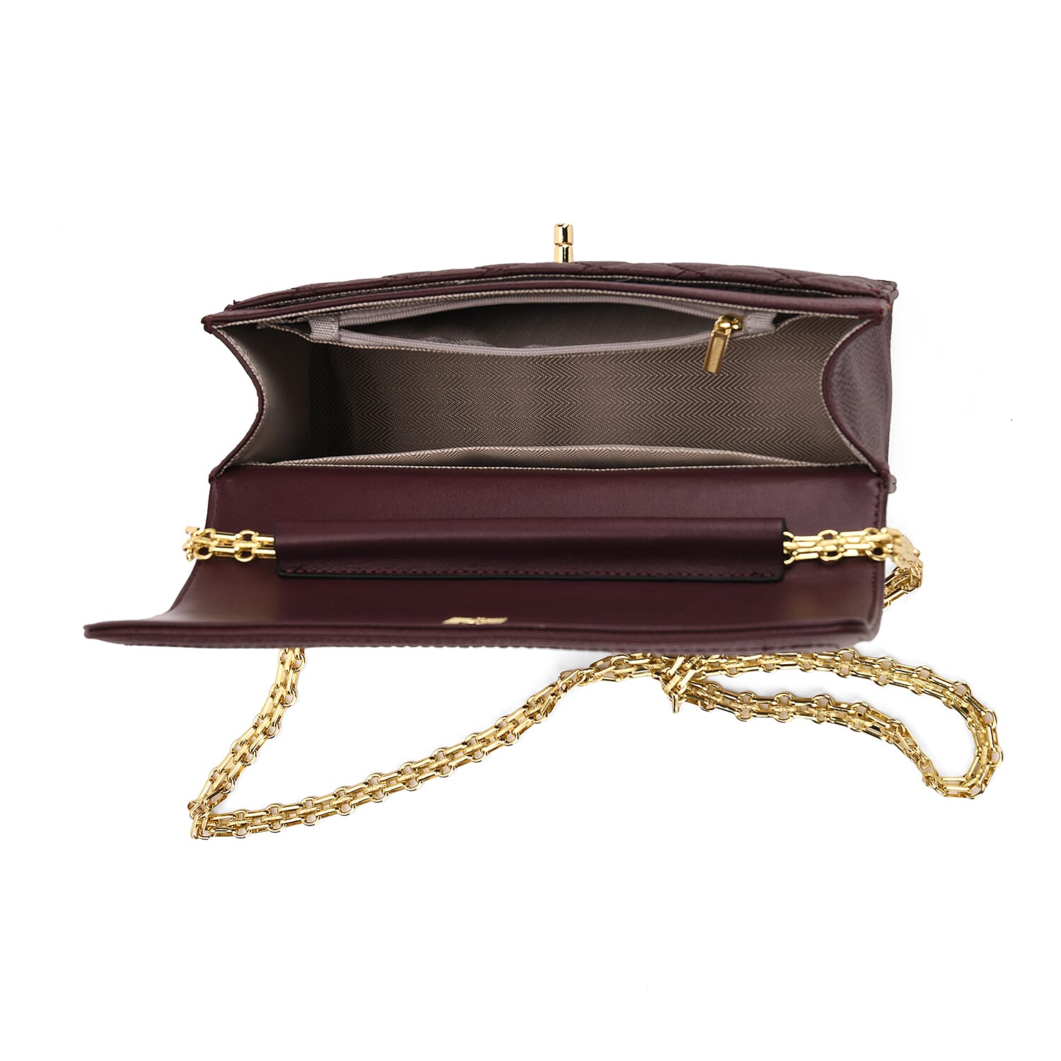 Genuine Leather Couture Quilted Diamond Pattern Shoulder Bag with Panther Link Strap - Dark Maroon