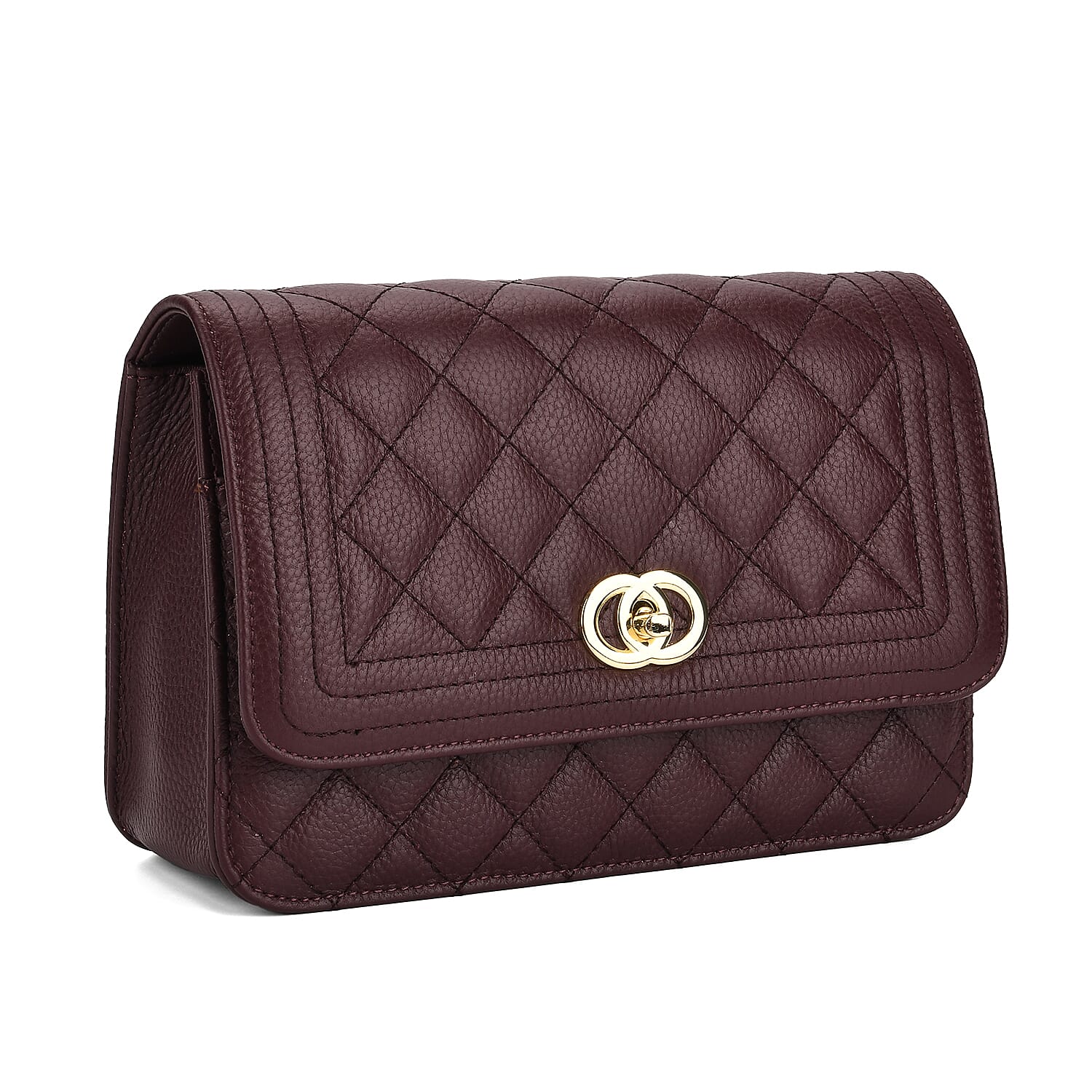Genuine Leather Couture Quilted Diamond Pattern Shoulder Bag with Panther Link Strap - Dark Maroon