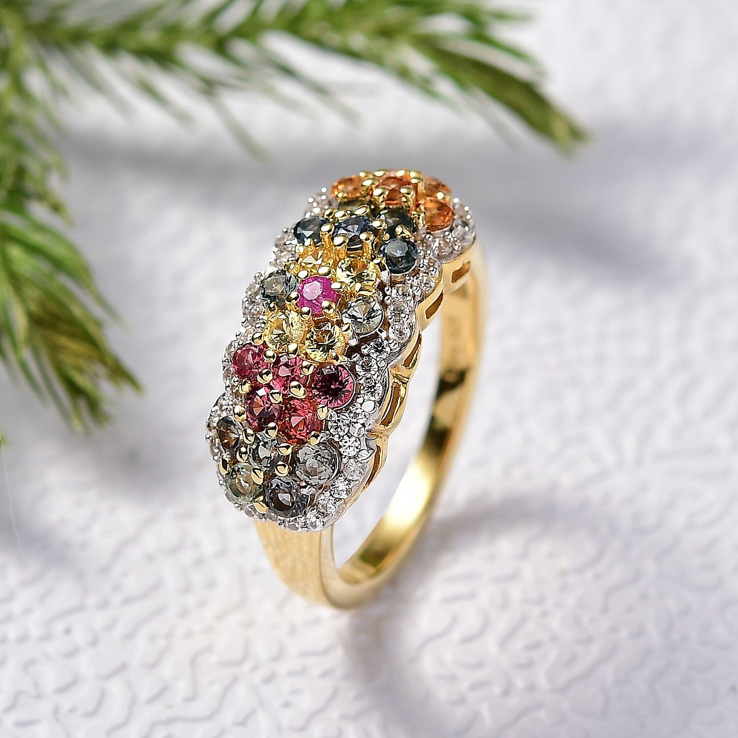 D'Joy Multi Sapphire & White Zircon Ring in 18K Vermeil Yellow Gold Plated Sterling Silver 1.80 Ct.