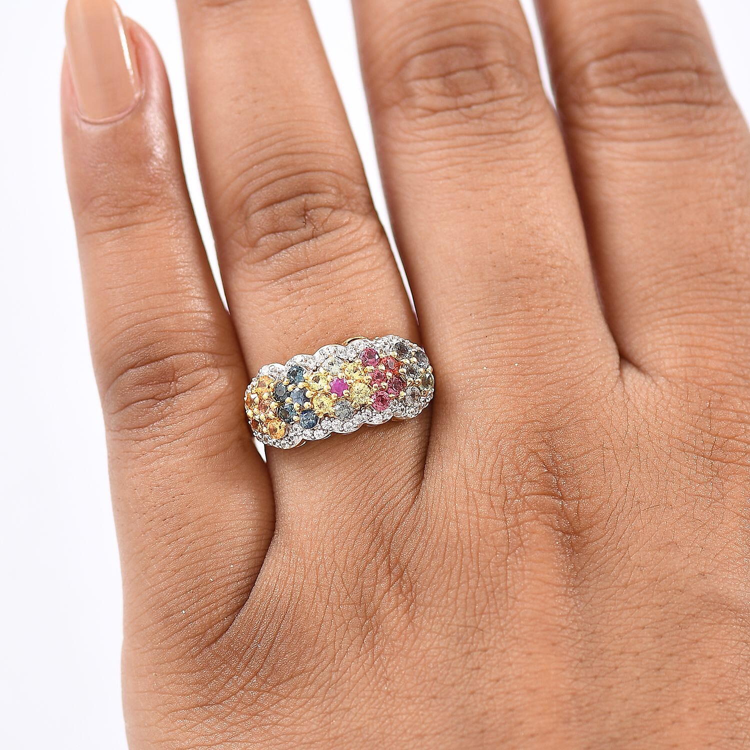 D'Joy Multi Sapphire & White Zircon Ring in 18K Vermeil Yellow Gold Plated Sterling Silver 1.80 Ct.