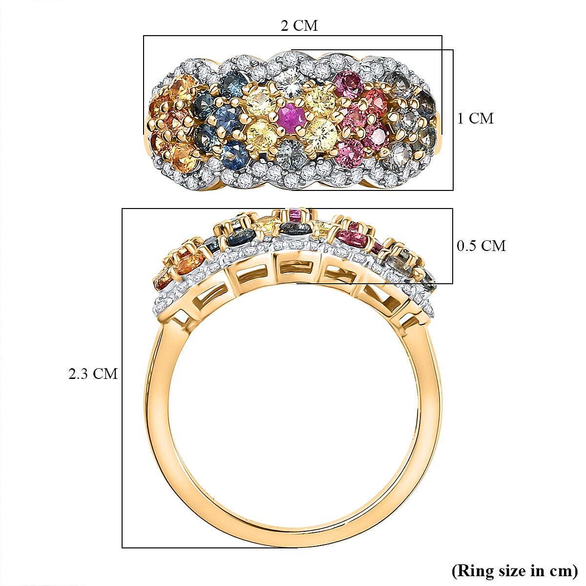 D'Joy Multi Sapphire & White Zircon Ring in 18K Vermeil Yellow Gold Plated Sterling Silver 1.80 Ct.