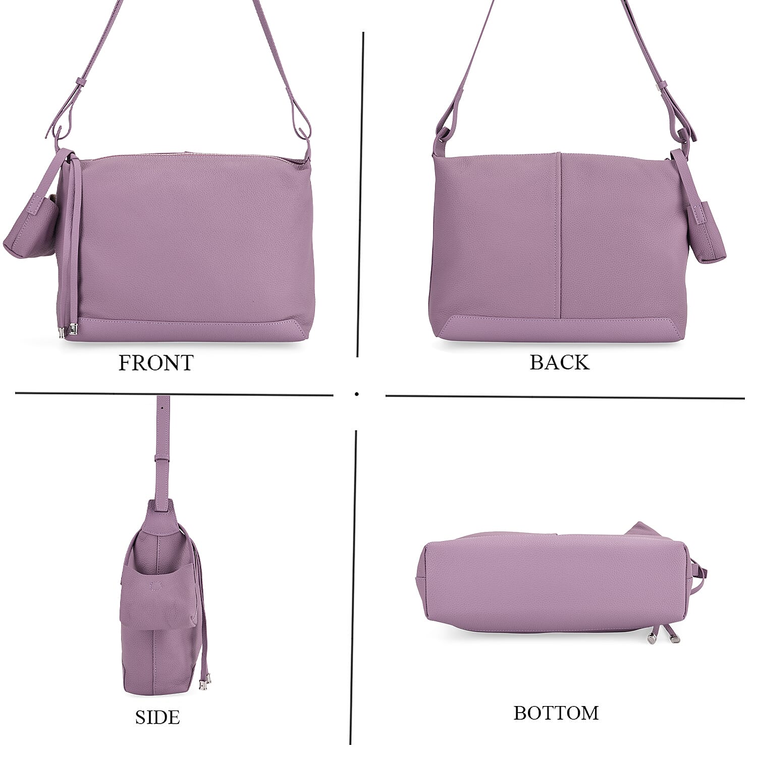 Genuine Leather Shoulder Bag with Detachable Mini Pouch - Lavender
