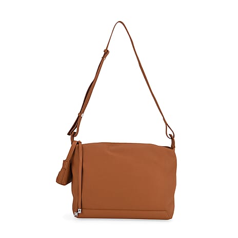 Genuine Leather Shoulder Bag with Detachable Mini Pouch - Tan