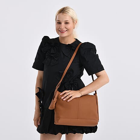 Genuine Leather Shoulder Bag with Detachable Mini Pouch - Tan