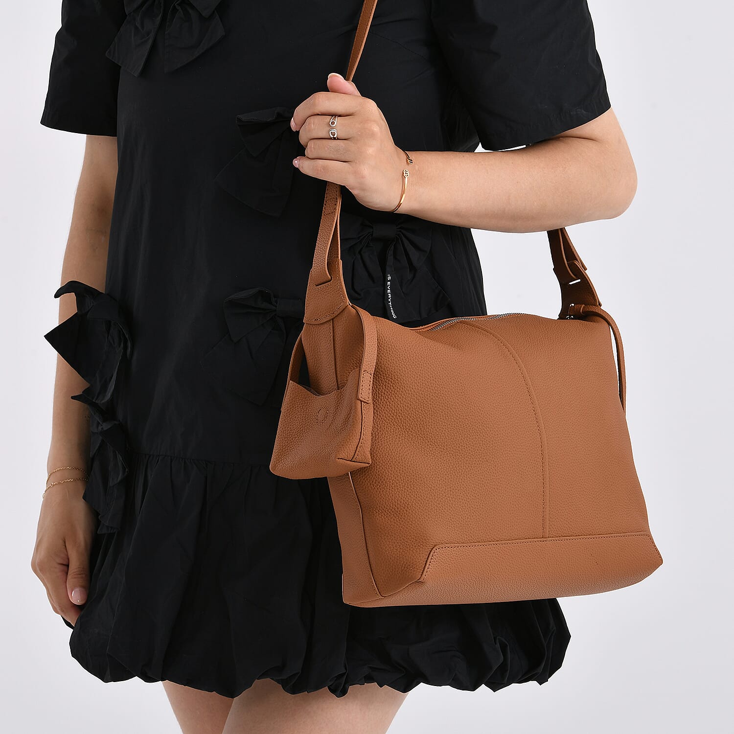 Genuine Leather Shoulder Bag with Detachable Mini Pouch - Tan