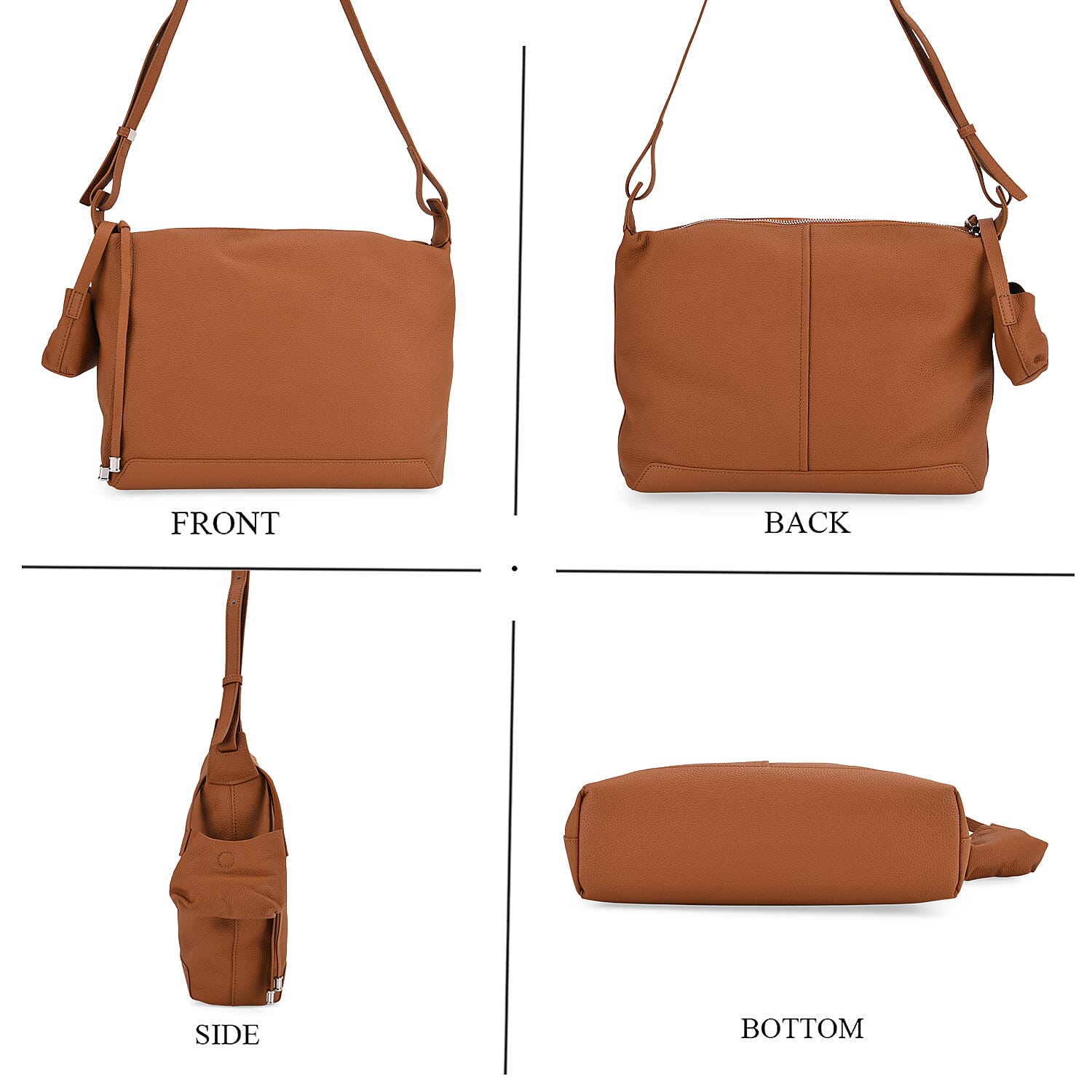 Genuine Leather Shoulder Bag with Detachable Mini Pouch - Tan