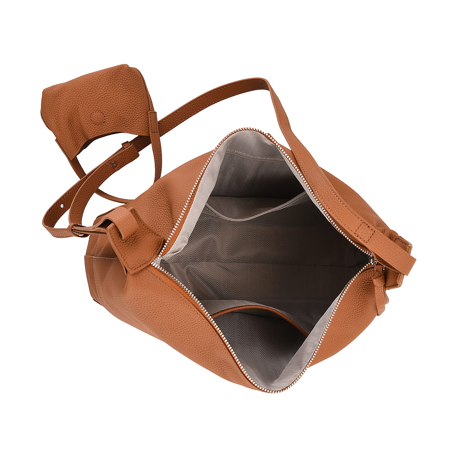Genuine Leather Shoulder Bag with Detachable Mini Pouch - Tan