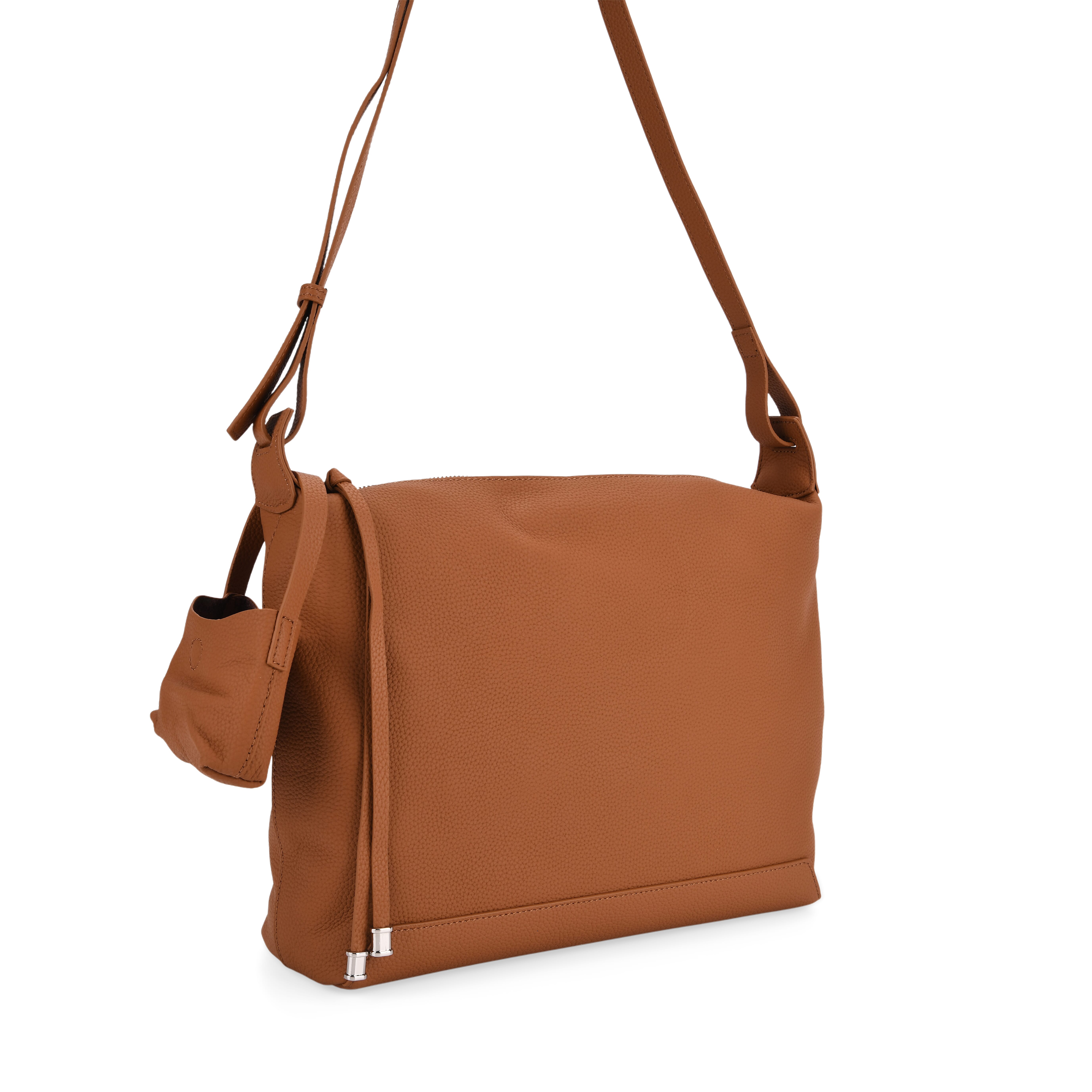 Genuine Leather Shoulder Bag with Detachable Mini Pouch - Tan