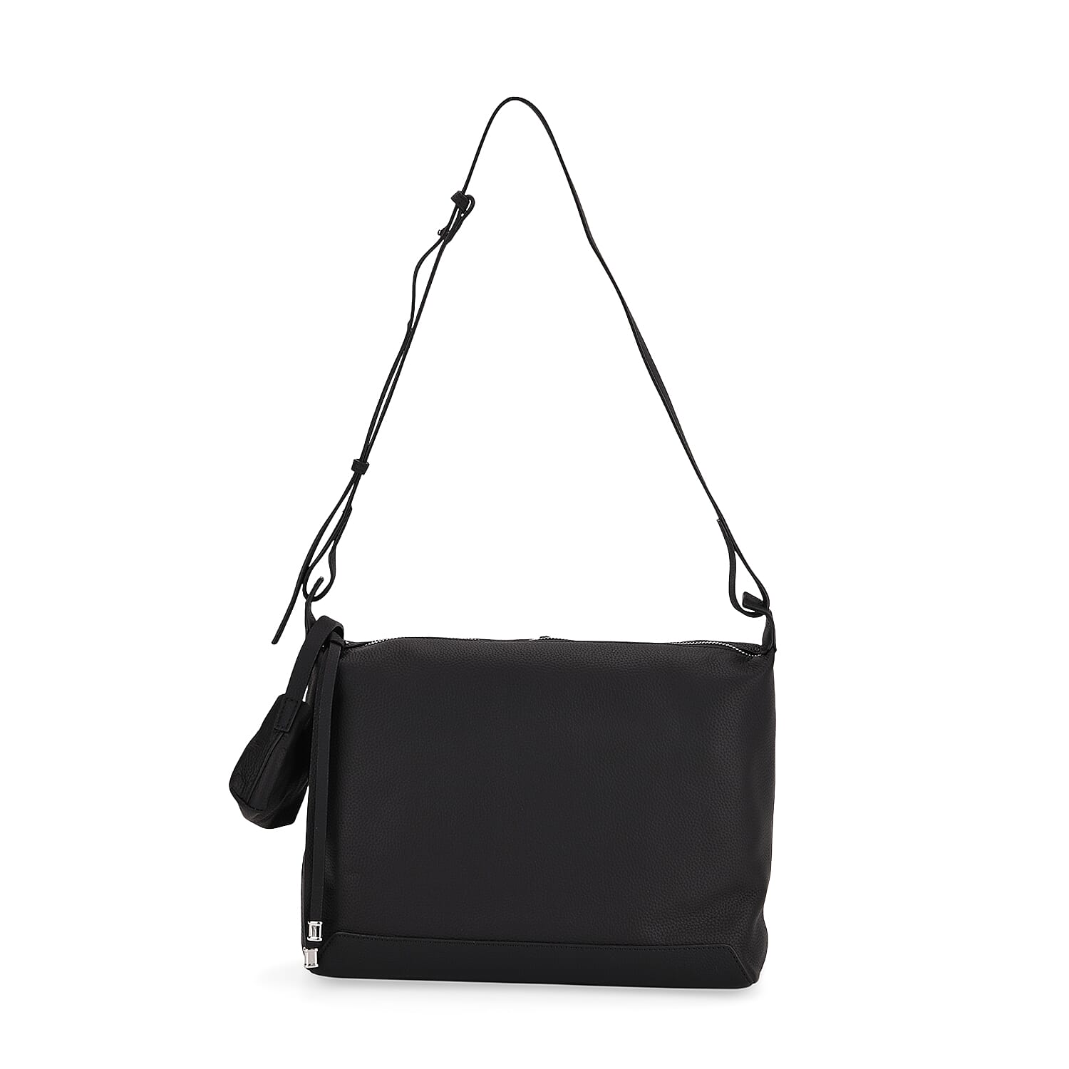 Genuine Leather Shoulder Bag with Detachable Mini Pouch - Black