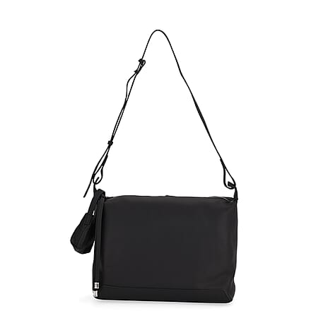 Genuine Leather Shoulder Bag with Detachable Mini Pouch - Black