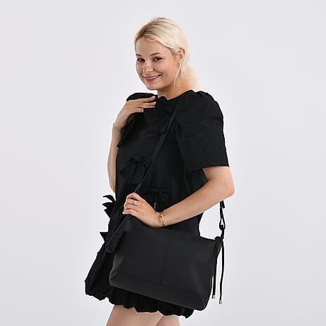Genuine Leather Shoulder Bag with Detachable Mini Pouch - Black