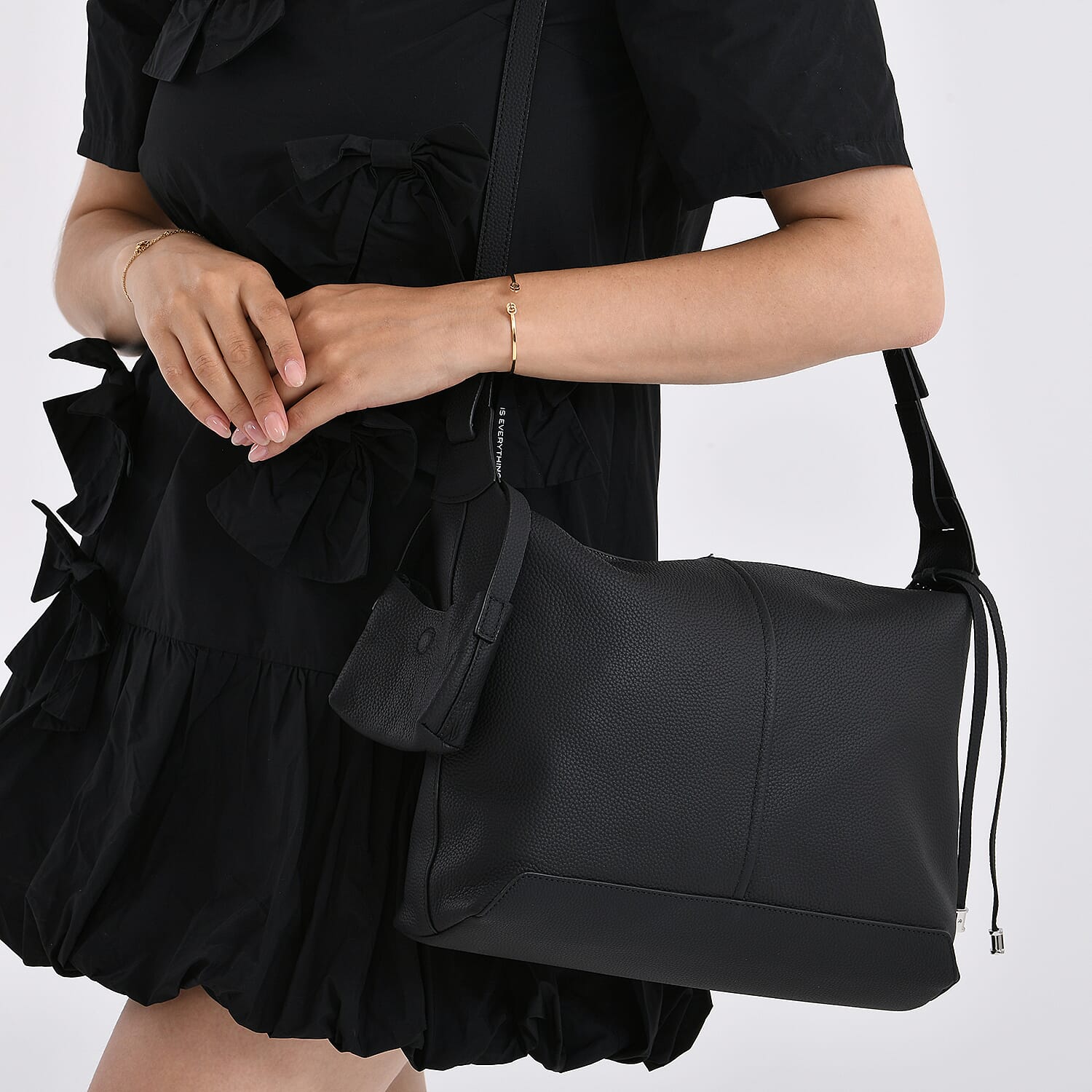 Genuine Leather Shoulder Bag with Detachable Mini Pouch - Black