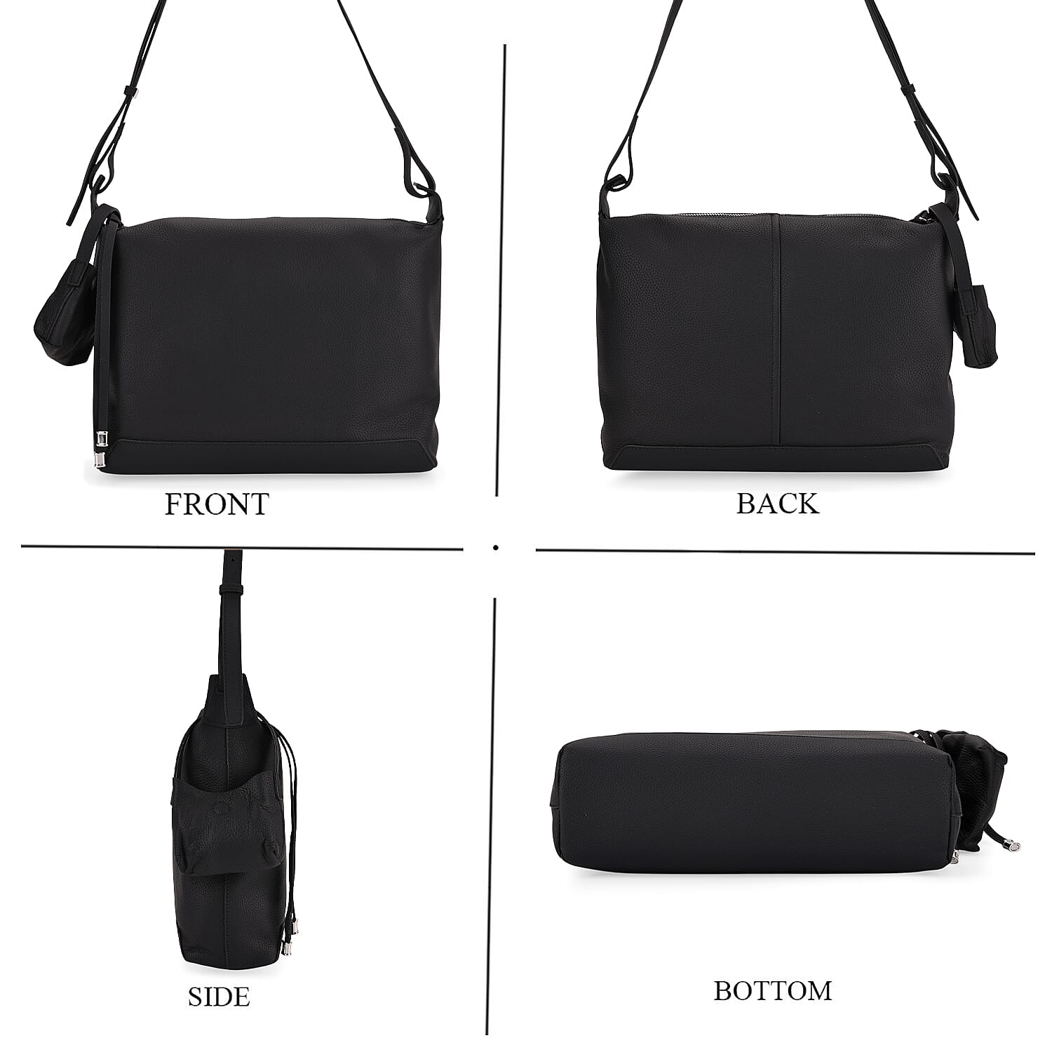 Genuine Leather Shoulder Bag with Detachable Mini Pouch - Black