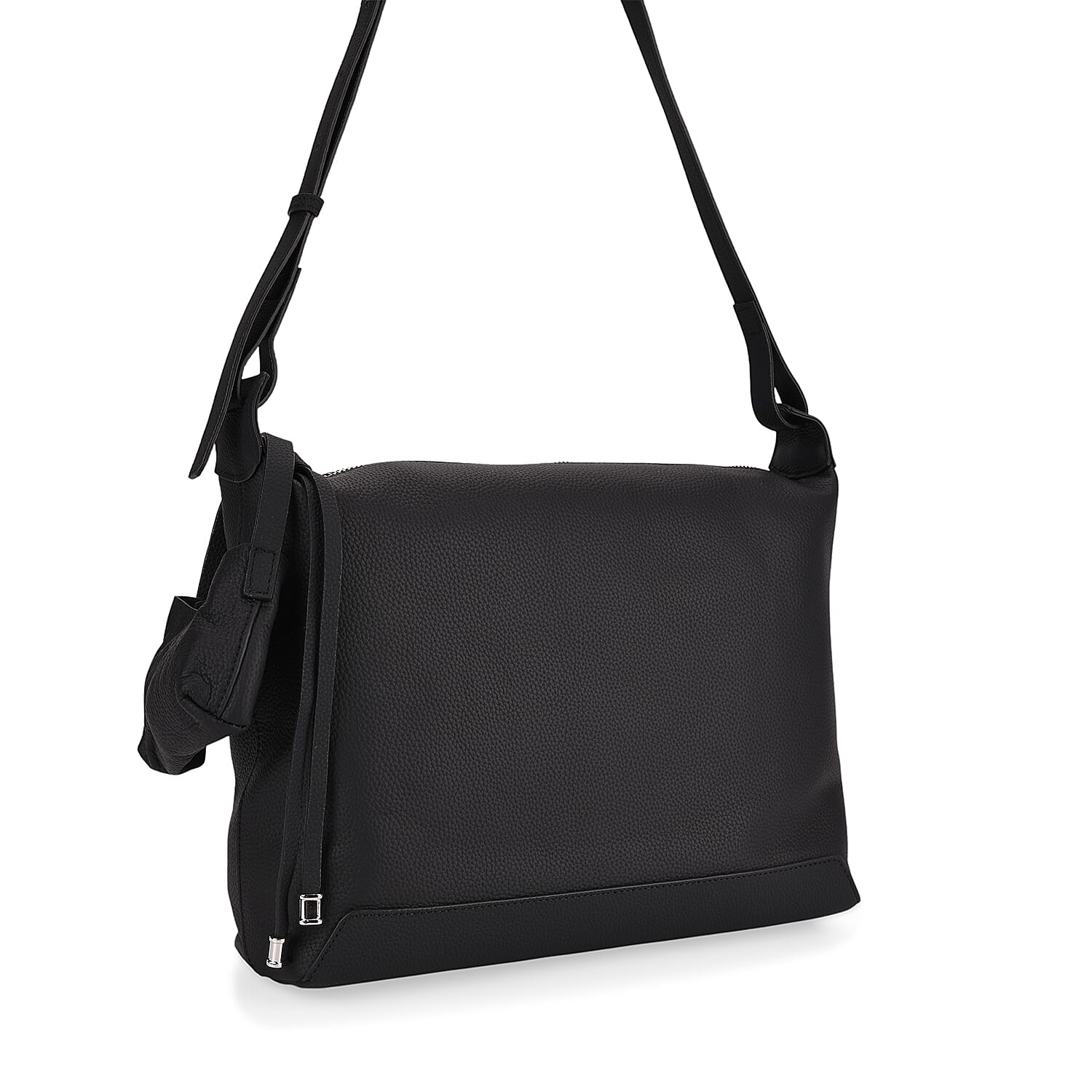 Genuine Leather Shoulder Bag with Detachable Mini Pouch - Black