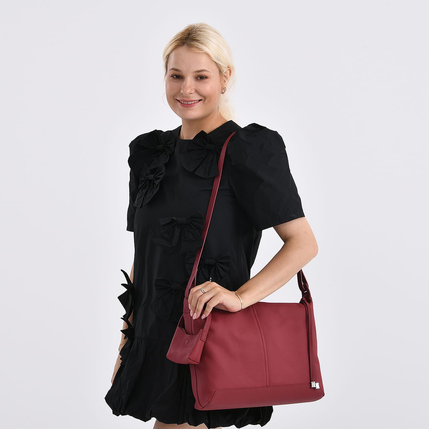 Genuine Leather Shoulder Bag with Detachable Mini Pouch - Burgundy
