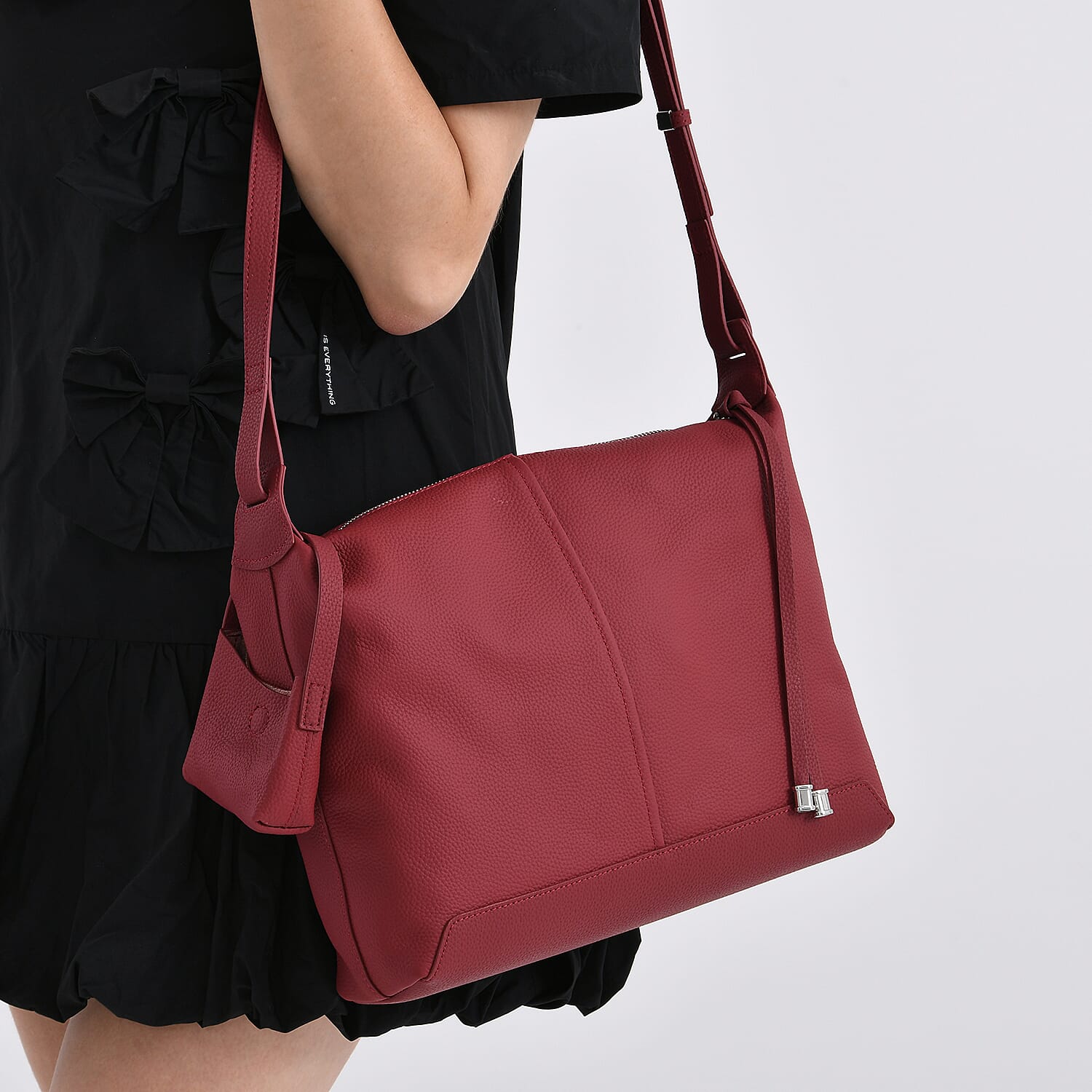 Genuine Leather Shoulder Bag with Detachable Mini Pouch - Burgundy