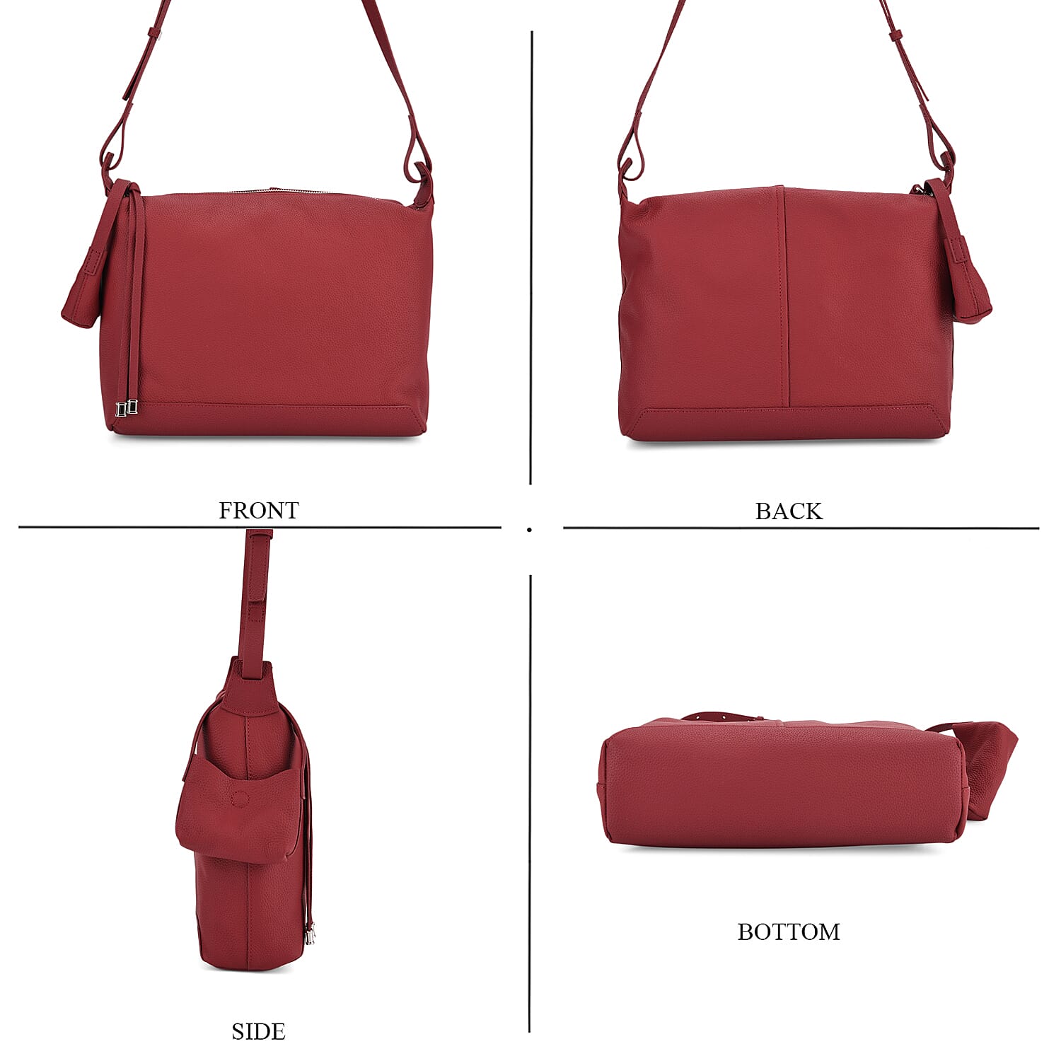 Genuine Leather Shoulder Bag with Detachable Mini Pouch - Burgundy