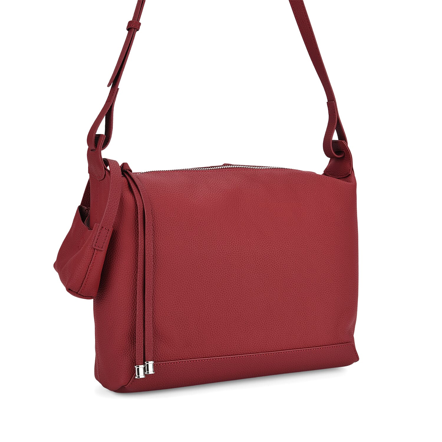 Genuine Leather Shoulder Bag with Detachable Mini Pouch - Burgundy