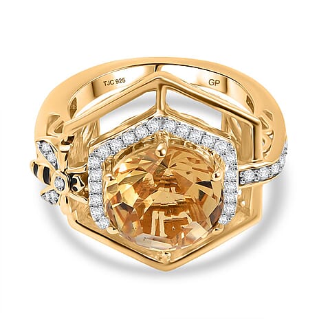 GP Honey Comb Collection - Honeycomb Cut Citrine, Blue Sapphire & White Zircon Ring in 18K Vermeil Yellow Gold Plated Sterling Silver 4.45 Ct.