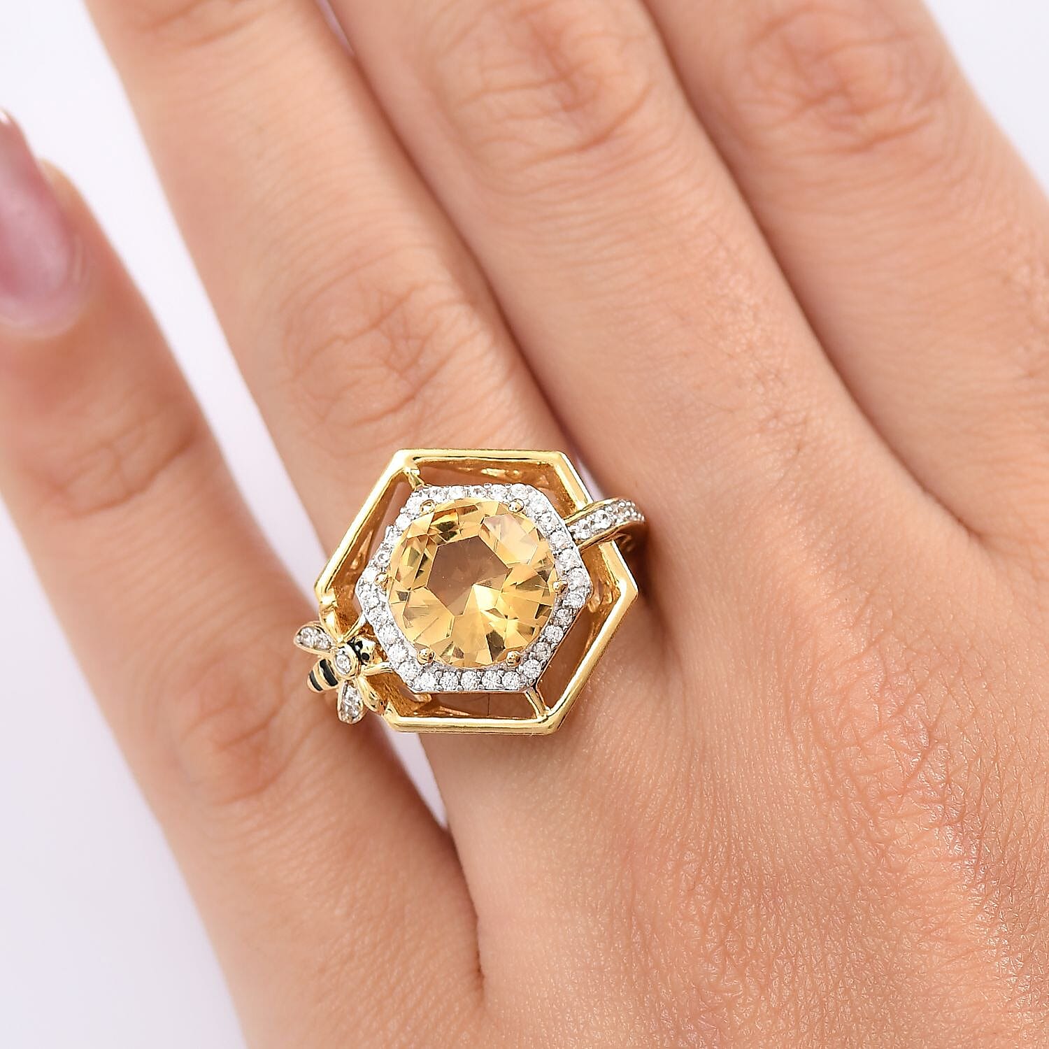 GP Honey Comb Collection - Honeycomb Cut Citrine, Blue Sapphire & White Zircon Ring in 18K Vermeil Yellow Gold Plated Sterling Silver 4.45 Ct.