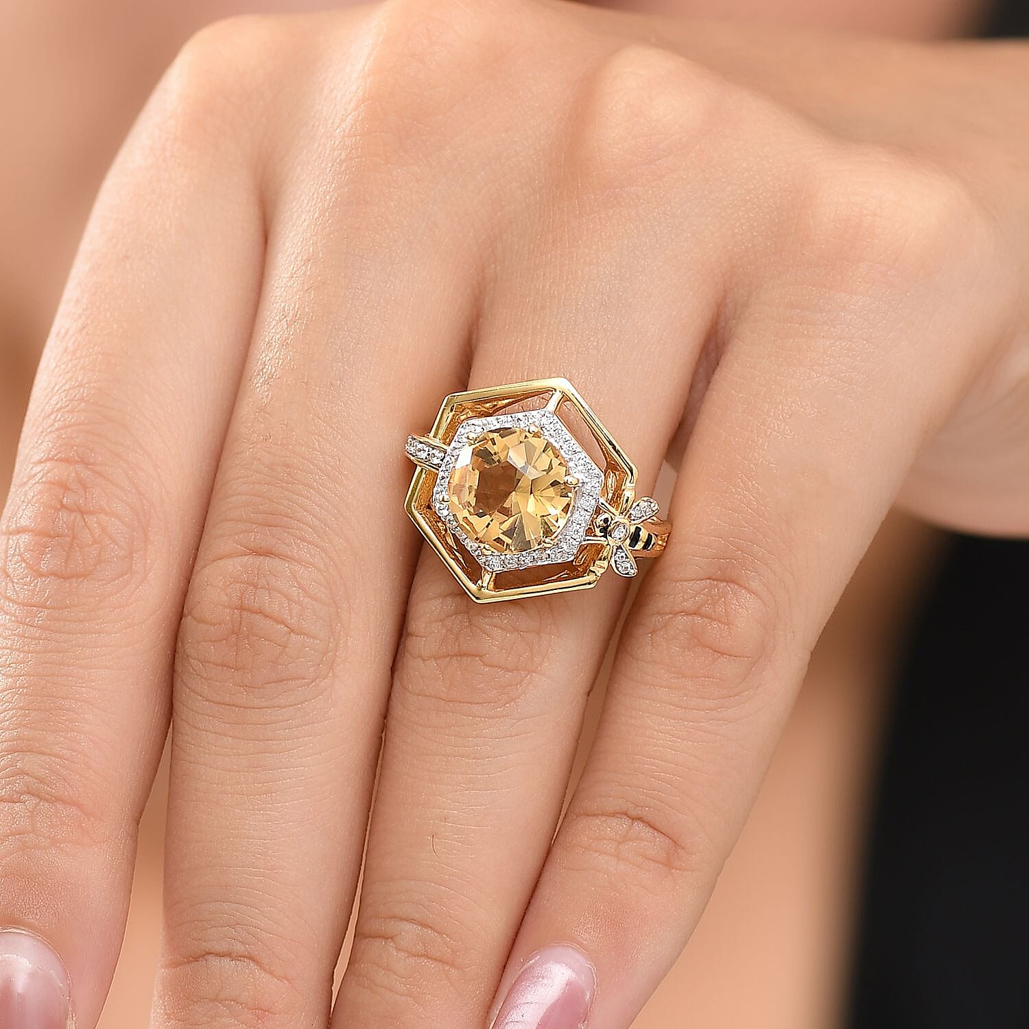 GP Honey Comb Collection - Honeycomb Cut Citrine, Blue Sapphire & White Zircon Ring in 18K Vermeil Yellow Gold Plated Sterling Silver 4.45 Ct.